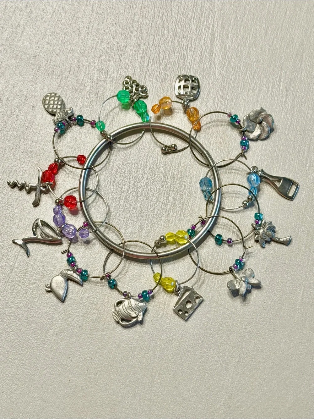 Vintage Wine Glass Charms Set with Multicolor Beads & 2 Wine Bottle Toppers